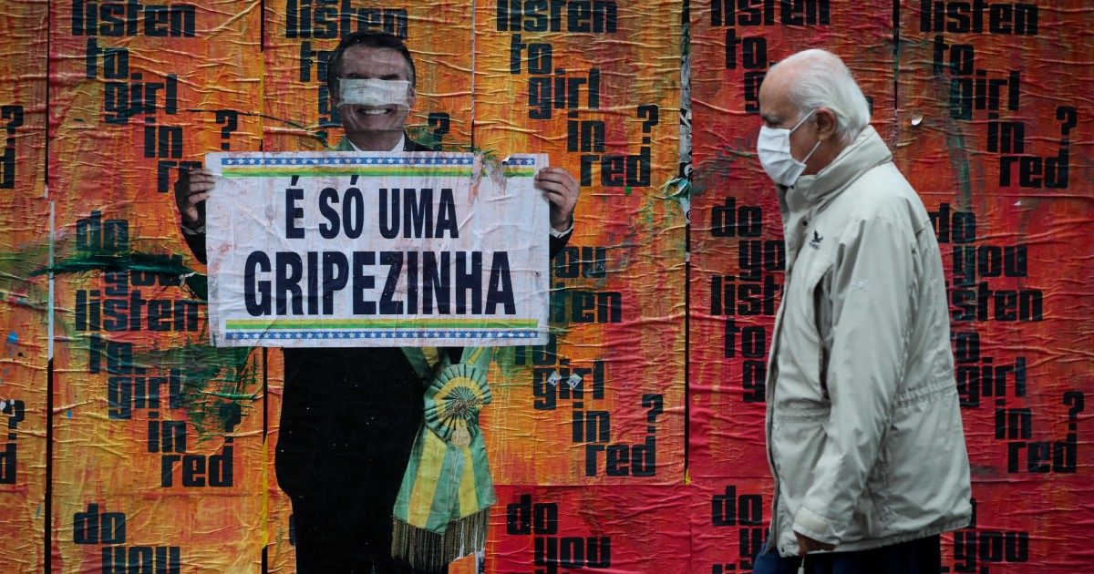 Criticism of Bolsonaro and his management of COVID-19 on a wall in Sao Paulo
